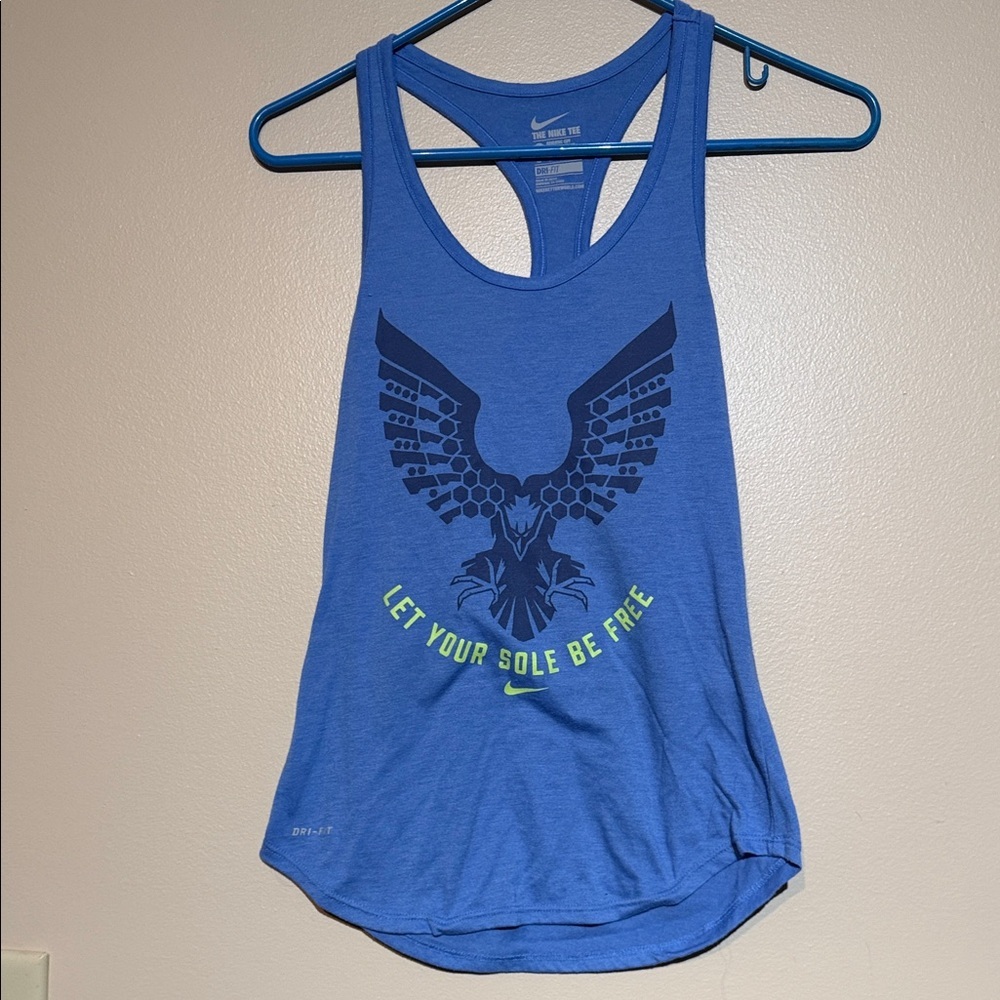 Nike Women’s Blue Racerback Tank Top with Navy Graphic and Neon Accent